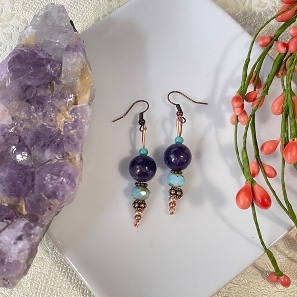 Handmade Amethyst and Copper Earrings - Picture 2 of 5